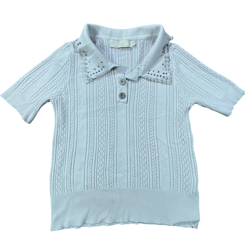 LC Lizette Collection Sweater Top Womens M Ivory Pearl Embellished‎ Cable Knit